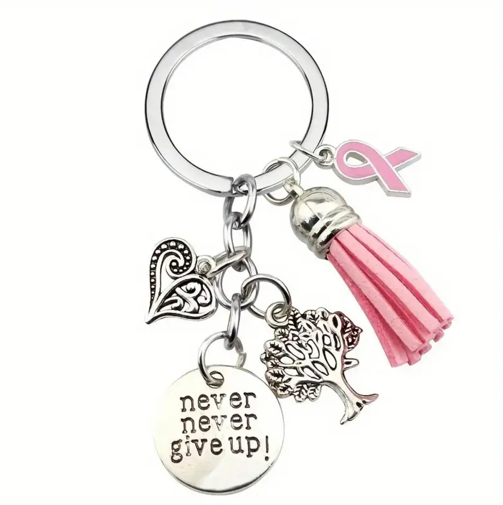 3/$25 Never Never Give Up Breast Cancer Awareness Stainless Steel Keychain NEW